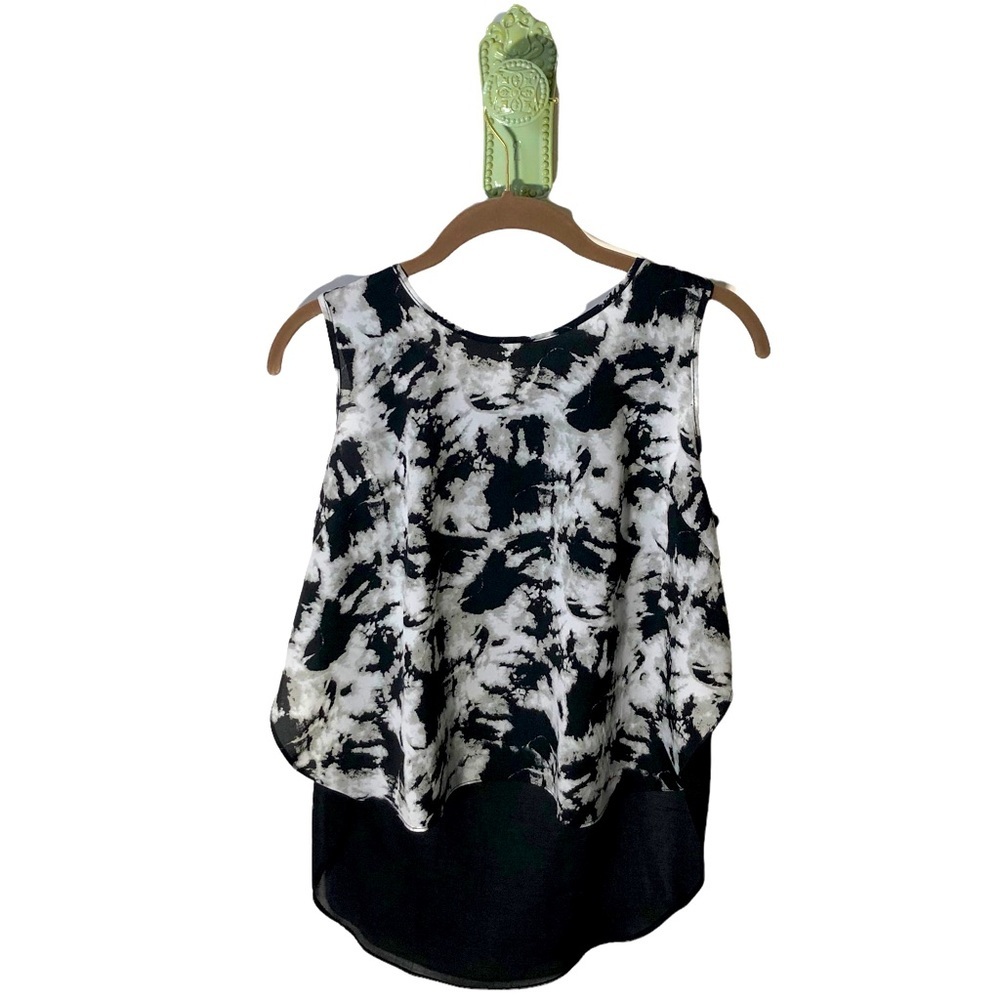 𝅺Cynthia Rowley Tuxedo Tank Blouse Cutout Sheer Black White Flowy Dressy